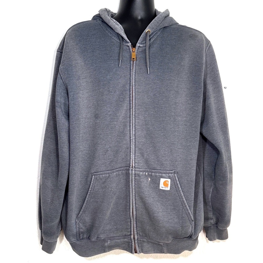 Carhartt Men's Gray Full Zip Hoodie Sweatshirt Size L Distressed Bleach‎ Stain